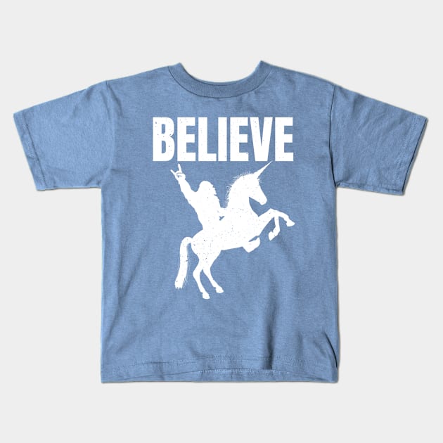 Bigfoot Riding A Unicorn Kids T-Shirt by FullOnNostalgia